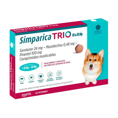 Simparica Trio Zoetis Antiparasitario Externo e Interno Perros 10K - 20K